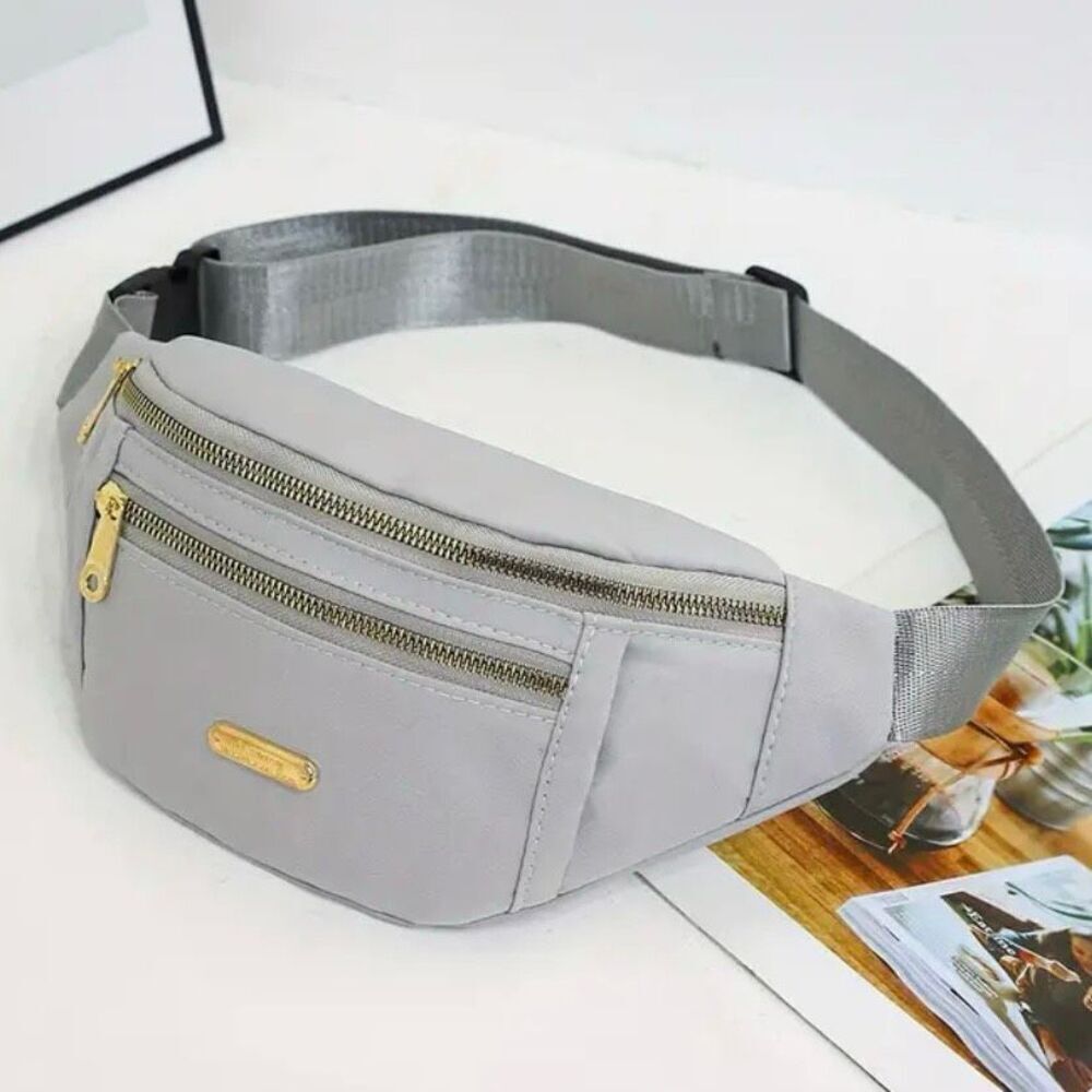 NWT Gorgeous Grey Nylon Sling Bag Fanny Pack w Many Compartments double zipper